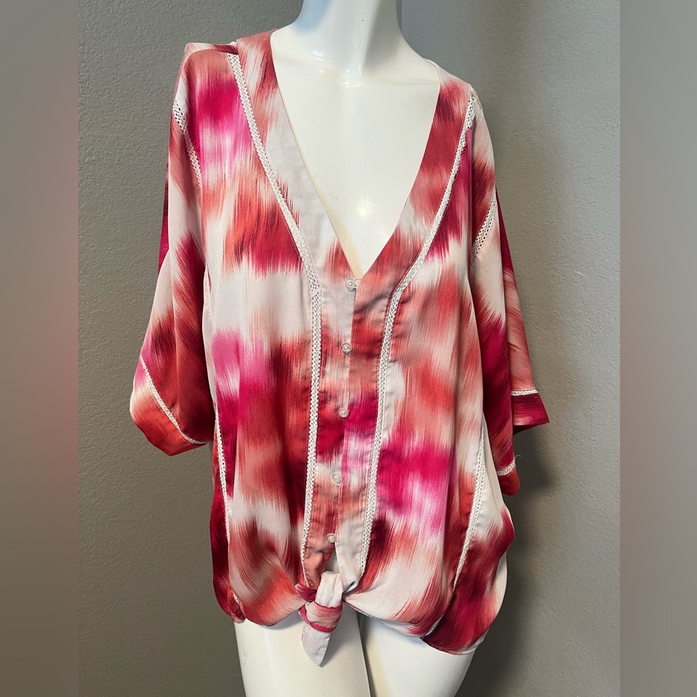 Zac & Rachel Plus Women’s Tie Button Tie Die SS Red & Cream Boho Top Size 2X